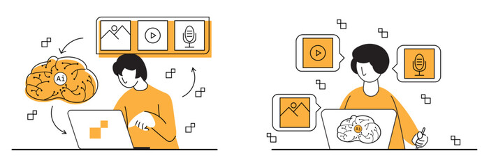 person engaging with the AI interface on the laptop. Multimedia icons are displayed in speech bubbles, emphasizing the active processing and interaction with different types of digital content