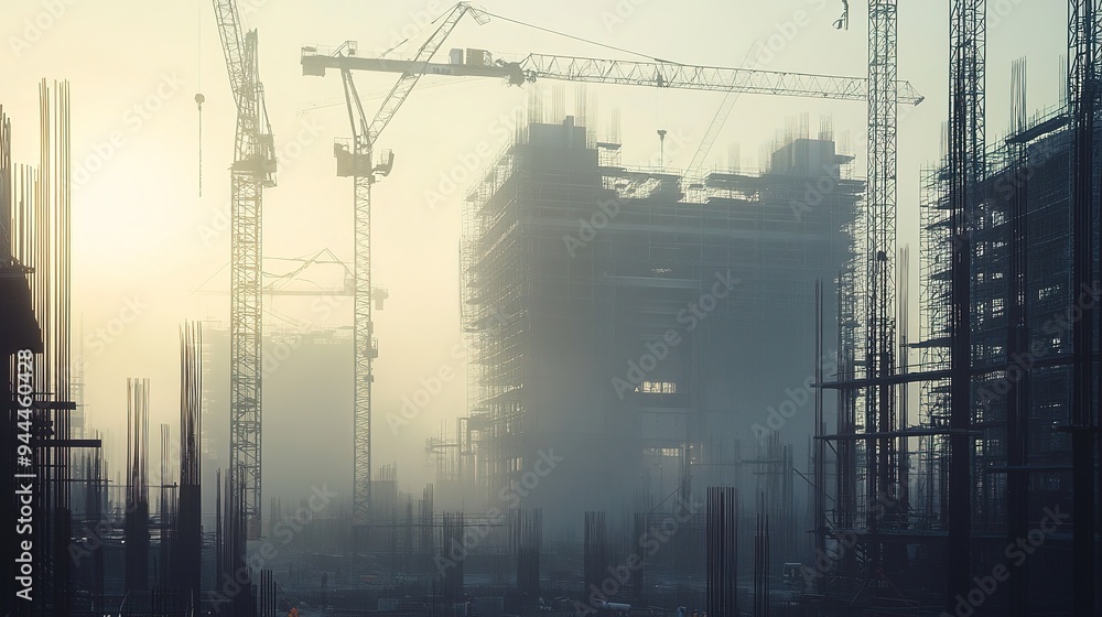 Poster a large building under construction with cranes lifting materials and workers on scaffoldings