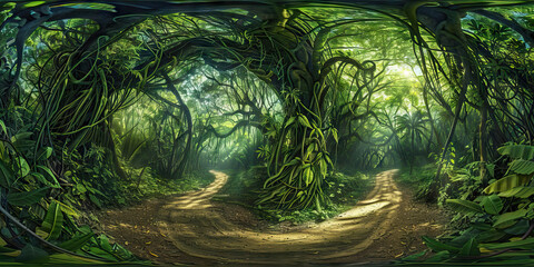 A dense jungle canopy towering above a winding dirt path, its leaves and vines casting dappled shadows on the ground below.