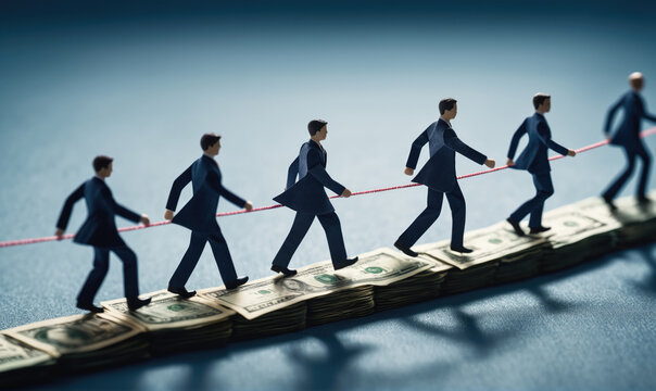 Five businessmen walk on a path of stacked dollar bills, holding onto a thin red rope