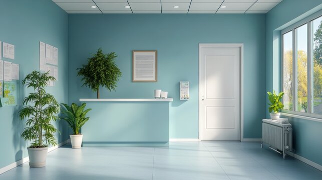 Bright and modern hospital hallway with patient rooms and decorative plants in a serene environment