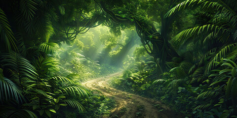 Fototapeta premium A dense jungle canopy towering above a winding dirt path, its leaves and vines casting dappled shadows on the ground below.