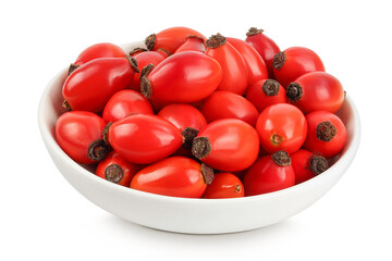 Rose hip in ceramic bowl isolated on a white background with full depth of field. Top view. Flat...