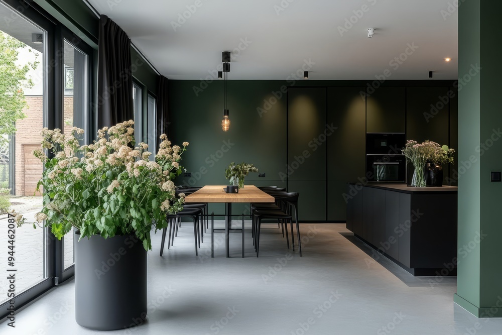 Wall mural Large dark green kitchen with dining area featuring floral arrangement and modern furnishings