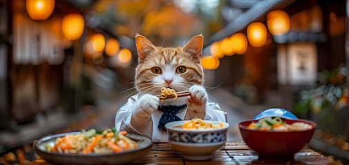 A cat enjoying its meal at a table