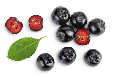Chokeberry with leaf isolated on white background. Black aronia. Top view. Flat lay