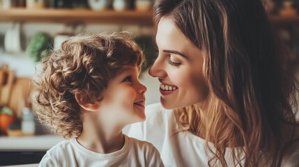 Fototapeta premium A joyful mother and son sharing a tender moment together at home in a cozy kitchen filled with warmth and love