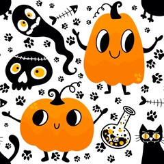 Halloween cute pumpkins seamless monsters pattern for wrapping paper and fabric