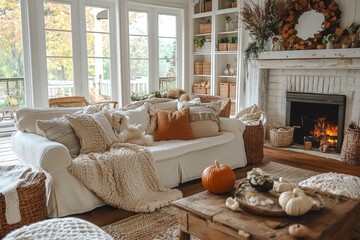Cozy autumn living room with pumpkin decor and warm fireplace in a modern home
