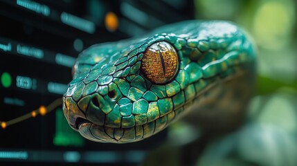 Close-up of a snake with digital patterns in its eye.
