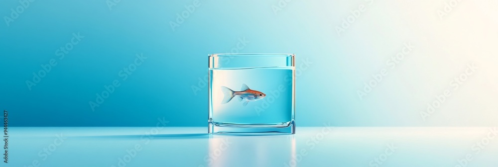 Poster a 3d icon of a fish tank with a small fish inside rendered with simple lines and a clear minimalist 