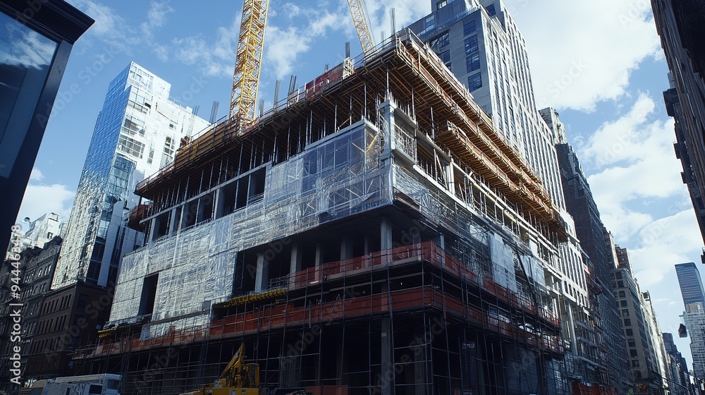 Poster a partially constructed building with cranes and scaffoldings in place as workers continue construct