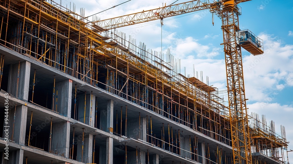 Poster a partially constructed building with cranes and scaffoldings in place as workers continue construct