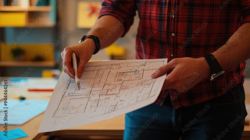Poster a project manager holding blueprints and pointing at specific sections during a meeting with stakeho