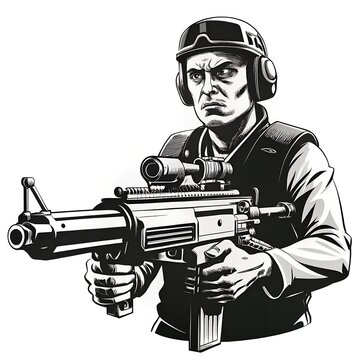 recommend clip art: Bold Black and White Illustration of a Soldier Holding a Rifle, Detailed Line Art