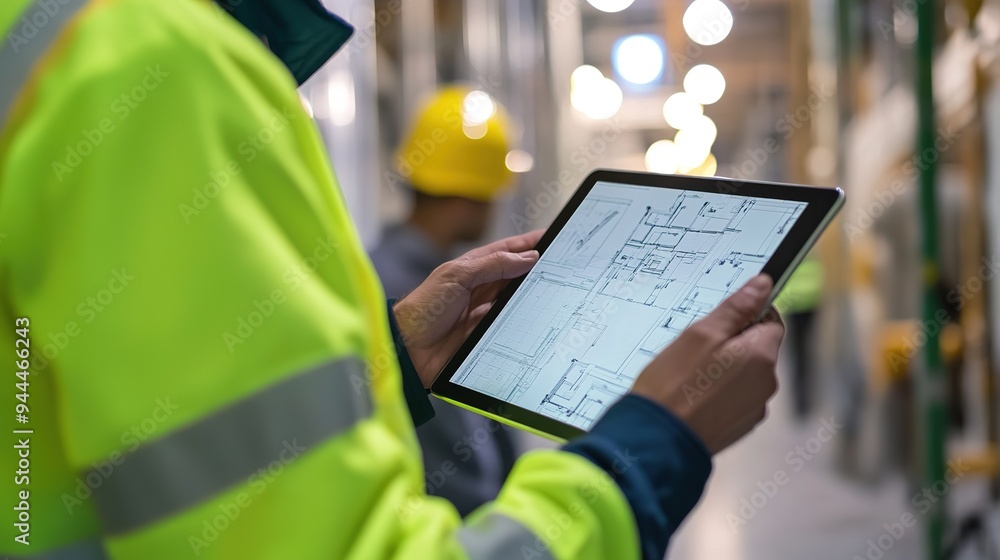 Poster a project manager with a tablet and printed plans, coordinating tasks with a construction crew on-si