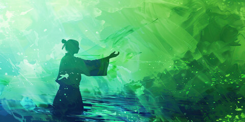 A calming green and blue abstract background, highlighting the focus of a Taoist practitioner performing tai chi.
