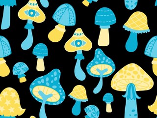 Cartoon autumn harvest seamless Halloween mushrooms pattern