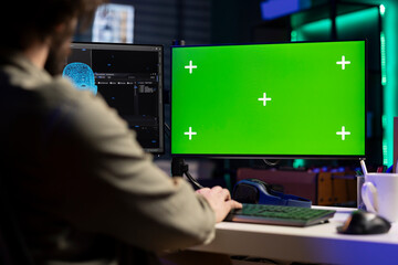 Developer updating artificial intelligence machine learning algorithm on isolated screen PC...