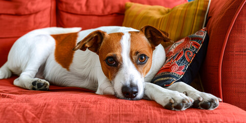 Relaxed Jack Russell Terrier lying on a red sofa with colorful cushions, displaying a calm and content expression, enjoying a peaceful moment at home