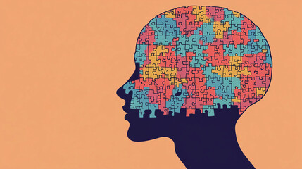 Profil ludzkiej głowy wkomponowany w układankę puzzle, ilustrujący koncepcję psychologii poznawczej lub psychoterapii. 