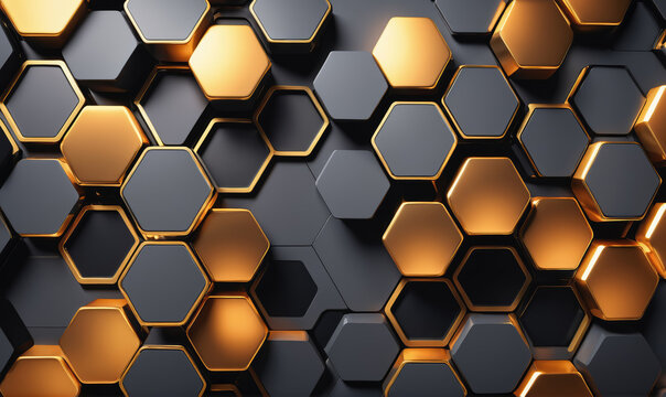 A close-up of a wall covered in gold and black hexagonal tiles