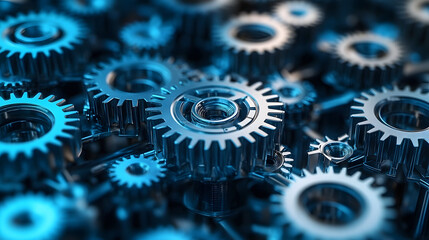 Close-up of interlocked blue metal gears representing teamwork and machinery.