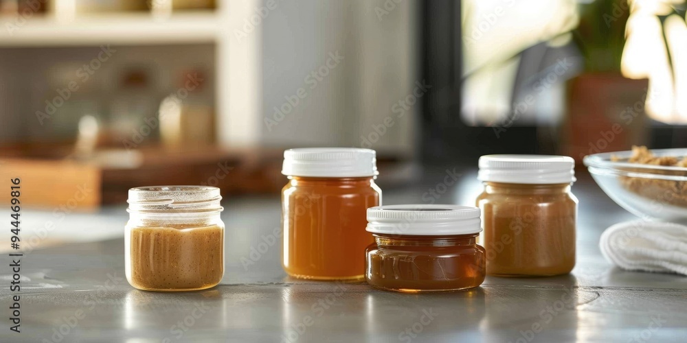 Poster organic natural honey homemade maple butter and peanut butter spread in clear glass bottles with whi