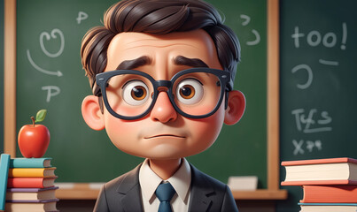 A cartoon teacher with glasses stands in front of a chalkboard with math problems written on it