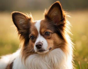 The Papillon dog is a breed of small, elegant toy dog, spaniel characterized by its long, silky coat and large, fringed ears resembling butterfly wings