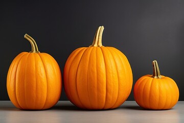 Obraz premium Three vibrant pumpkins against a dark backdrop, perfect for fall and Halloween themes.