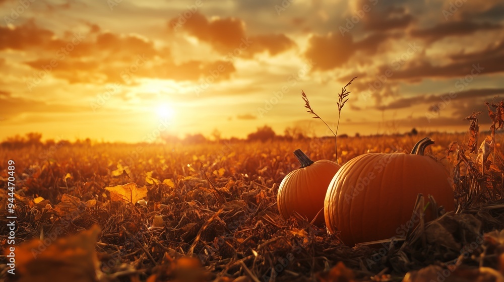 Poster golden sunset over a pumpkin field in autumn with vibrant colors and soft clouds creating a tranquil