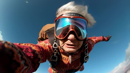 Daring selfie of an elderly woman skydiving, capturing the thrill and excitement of adventure. Concept of breaking stereotypes, freedom, and living life to the fullest