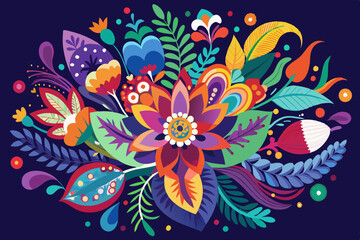 The image displays various colorful abstract floral patterns against a dark background, showcasing a blend of creative artistic elements and unique flower designs. 
