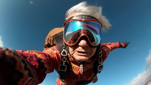 Daring selfie of an elderly woman skydiving, capturing the thrill and excitement of adventure. Concept of breaking stereotypes, freedom, and living life to the fullest