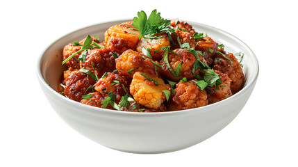 Fototapeta premium Colorful dish of indian veggie curry topped with herbs, set against a clear background, ideal for cooking and food-themed projects