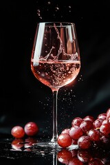 Sparkling rosé wine splashes in a glass surrounded by fresh grapes on a black background