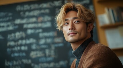 Fototapeta premium A side view of an Asian man with blond hair and a contemplative expression, sitting in front of a chalkboard filled with written equations in a cozy study environment.