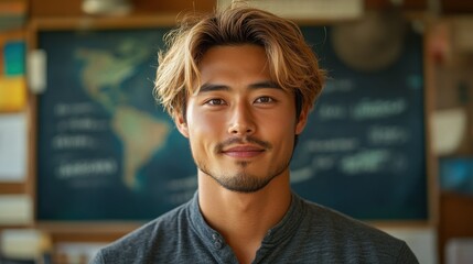 A young Asian man with blond hair smiles confidently while standing in front of a world map.

