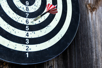 Dartboard against old tree background. Two darts hit the target of a dart board. Bad shots on...