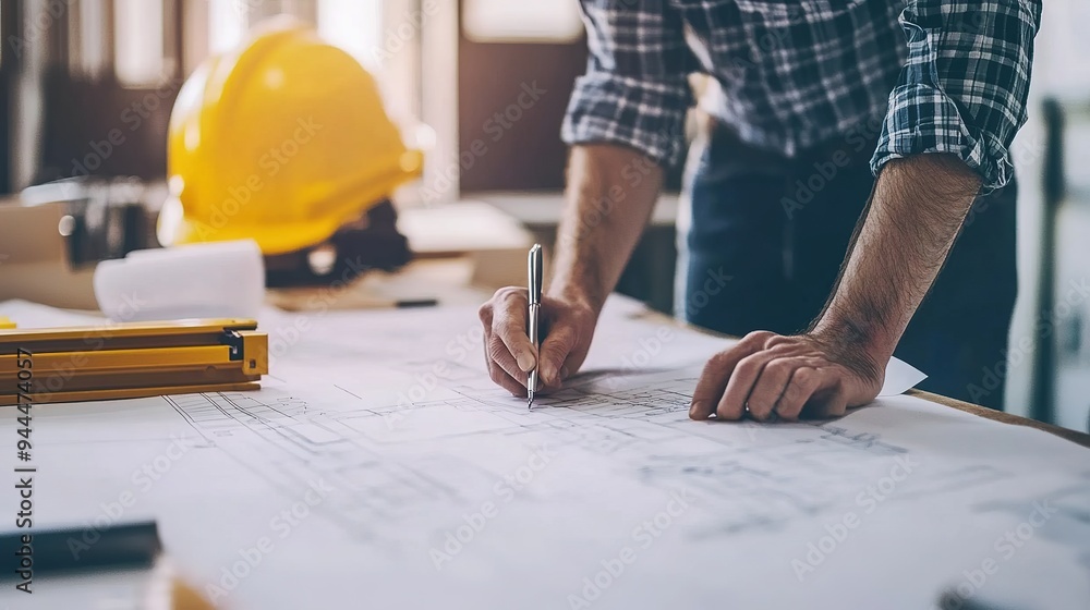 Aufkleber a site supervisor discussing changes to blueprints with an architect at a construction site