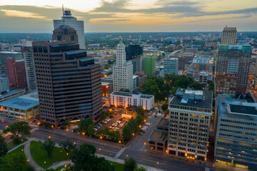 Downtown city skyline at sunrise, Memphis, Tennessee, United States.