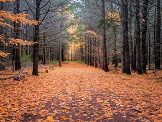 A path through a forest with leaves on the ground. The leaves are orange and brown