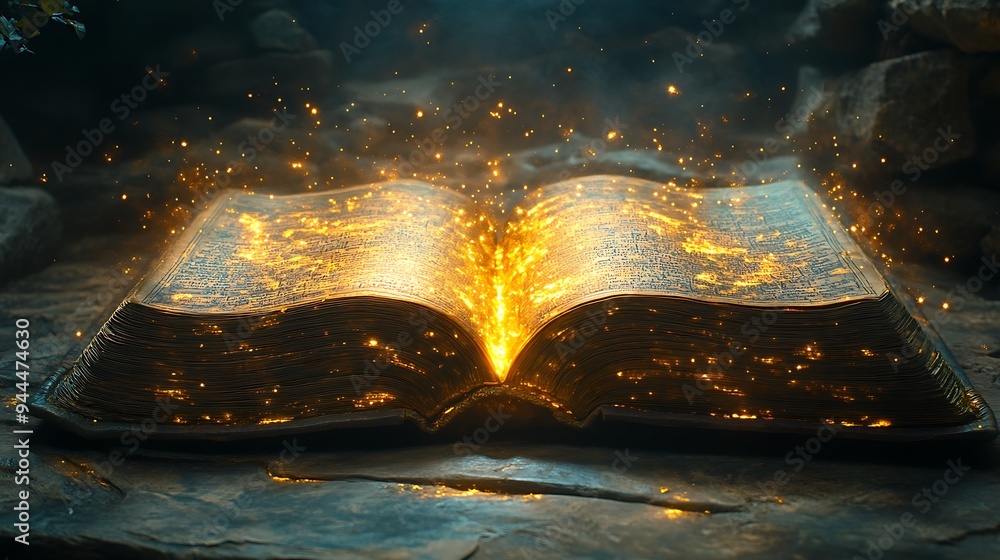 Poster an ancient, leather-bound book with glowing pages and shimmering particles emanating from its open p