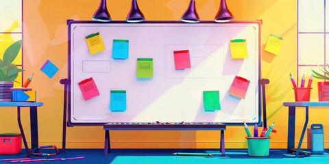 A minimalist whiteboard with colorful sticky notes and markers, symbolizing brainstorming sessions and team collaboration.