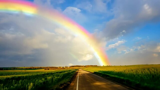 Animation of mountains with colorful rainbow in cloudy sky over field. Nature landscape after storm. Spring morning. St Patrick Day holiday symbol