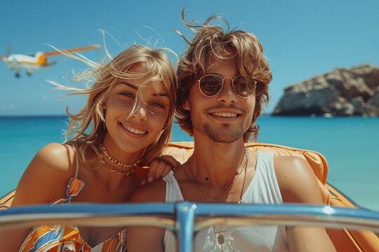 Happy young couple on vacation. A man and a woman laugh and have fun together. Beautiful young woman with flying hair. Against the backdrop of a turquoise sea or ocean.