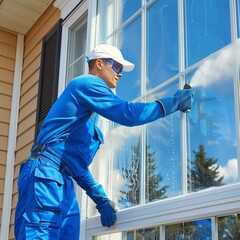 A window cleaner in blue uniform and safety glasses cleans a large window with a squeegee and spray bottle near a house s siding on a sunny day, achieving a streak-free finish.