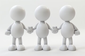Three identical faceless mannequins holding hands, positioned against a plain white background. The mannequins have no distinct features and are brightly illuminated, all facing forward.
