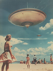 1960s 1950s retro vintage color photo photographic journalism style image of people on a beach looking up at a large UFO flying saucer